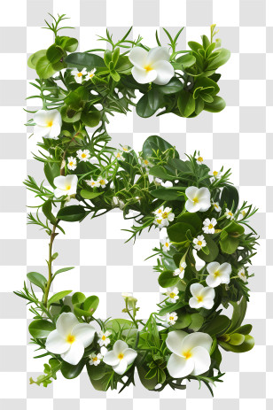 Floral Number Five - Green Letter B With White Flowers Transparent PNG