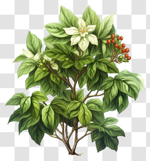 Realistic Style Coffee Plant - Green Plant With Flowers And Berries Transparent PNG