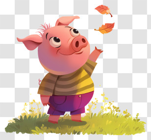 Cute Piglet - Pink Pig Playing With Leaves Transparent PNG