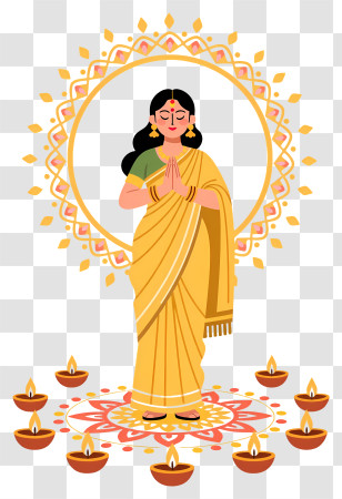 Indian Woman Welcome Namaste Hands - Woman In Yellow Saree With Diyas Transparent PNG