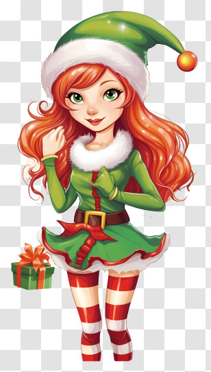 Female Elf - Festive Christmas Elf With Gift Transparent PNG