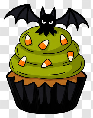 Halloween Cupcake - Green Cupcake With Bat And Candy Corn Transparent PNG