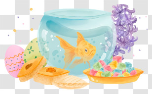 Fish Bowl - Goldfish In Bowl With Colorful Decorations Transparent PNG