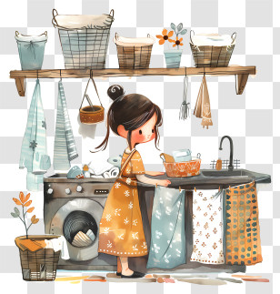 Laundry Day - Girl Doing Laundry In Cozy Room Transparent PNG
