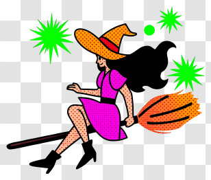 Halloween Witch On Broom - Witch Flying On Broom Transparent PNG