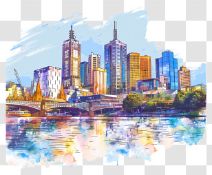 Melbourne City Skyline - Modern Cityscape With Reflections On River Transparent PNG