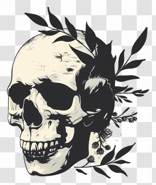 Vintage Skull - Skull With Leaves And Flowers Transparent PNG