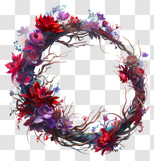 Flower Wreath - Decorative Floral Wreath With Red And Purple Flowers Transparent PNG