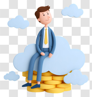 Man Sitting On Coins - Businessman Dreaming On Cloud Of Coins Transparent PNG