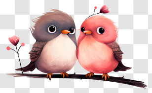 Birds Sitting Branch - Cute Birds On A Branch With Flowers Transparent PNG