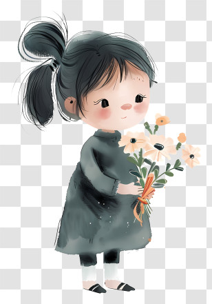 Girl Holding Flowers - Cute Girl Holding Flowers Illustration Transparent PNG