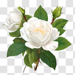White Rose Flower - White Rose With Green Stem And Buds Transparent PNG