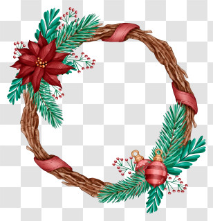 Wreath - Festive Christmas Wreath With Ribbons And Poinsettia Transparent PNG