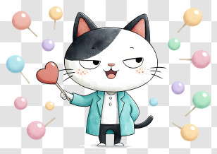 Cat Mascot Celebrating Valentine’s Day - Cat Holding Heart Lollipop Transparent PNG