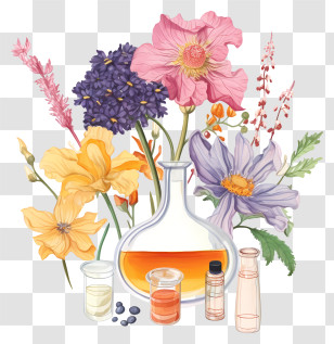 Sketch Flower Essences Therapy - Essential Oil Bottles With Various Flowers Transparent PNG
