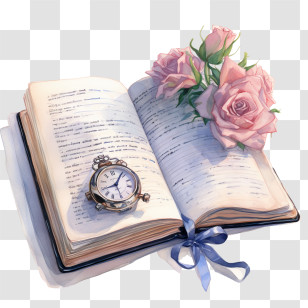 Rose Diary Book
 - Romantic Open Book With Roses And Pocket Watch Transparent PNG