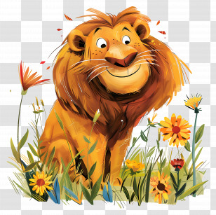 Lion - Cute Cartoon Lion In A Flower Field Transparent PNG