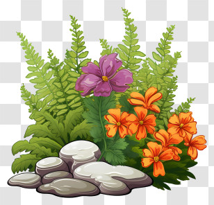 Plants - Flower Bush With Vibrant Blooms And Ferns Transparent PNG