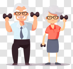 Elderly Couple - Elderly Couple Exercising With Dumbbells In Cartoon Style Transparent PNG