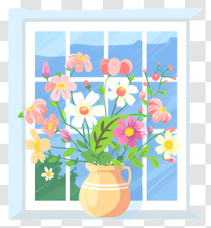 Spring Window Flowers - Flowers In Vase By Window Decor Illustration Transparent PNG