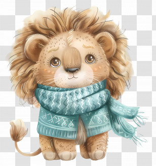 Little Lion - Adorable Lion Cub Illustration With Blue Winter Scarf Transparent PNG