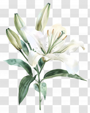 Lily Flower - Elegant White Lily Flower With Green Stem Transparent PNG