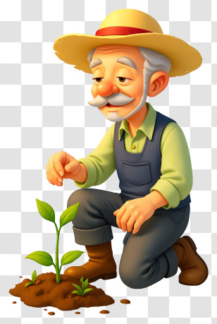 Cartoon Elderly Farmer - Kind Gardener Planting Seedling Transparent PNG
