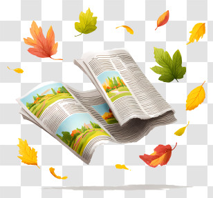 Newspaper Flying In The Air - Open Colorful Magazine With Falling Leaves Transparent PNG