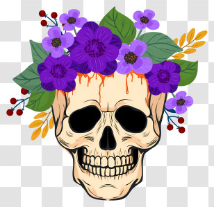 Halloween Skull Flowers - Skull With Purple Flowers And Leaves Transparent PNG
