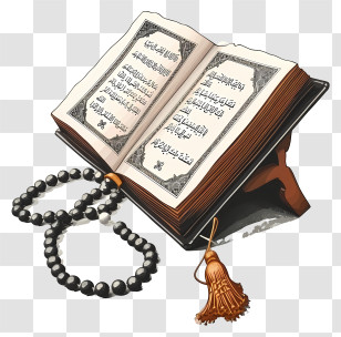 Hand Drawn Holy Book Of Koran And Pray Beads - Open Quran With Prayer Beads Transparent PNG