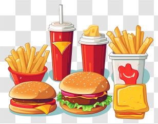 Fast Food - Burger, Fries, And Soda Combo Meal Set Transparent PNG