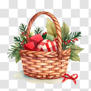 Christmas Basket - Holiday Gift Basket With Decorations And Presents Transparent PNG