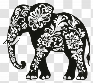 Elephant Silhouette - Black And White Decorative Elephant With Floral Patterns Transparent PNG