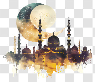 Eid Al Fitr - Islamic Mosque At Night With Moon And Decorations Transparent PNG