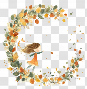 September Equinox - Girl In Autumn Leaves Illustration Transparent PNG