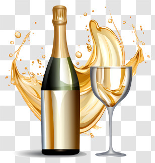 Golden Wine - Champagne Bottle With Glass And Splash Transparent PNG