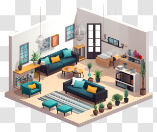 Living Room Decor - Stylish Interior In Isometric View With Modern Decor Transparent PNG