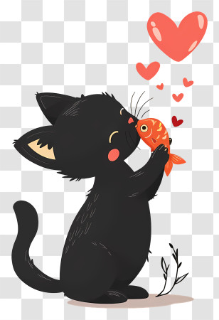 Cat Kissing Fish - Cute Black Cat With Fish And Hearts Transparent PNG
