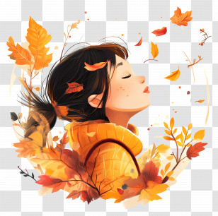 September Equinox - Girl With Autumn Leaves In The Wind Transparent PNG
