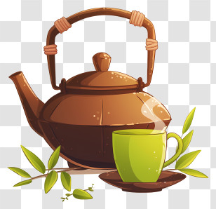 Green Tea - Teapot And Cup With Tea Leaves Transparent PNG