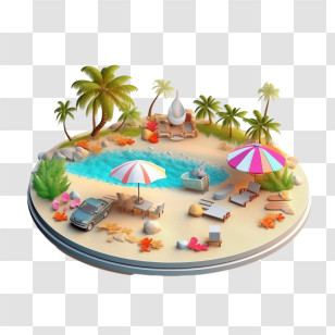 Travel - Isometric Tropical Beach Design With Umbrellas And Palm Trees Transparent PNG