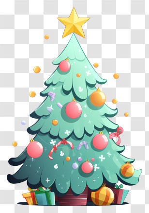Cartoon Christmas Tree - Festive Christmas Tree With Ornaments And Star Transparent PNG