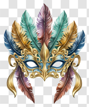 Feather Mask - Gold Decorative Mask With Vibrant Feathers Transparent PNG