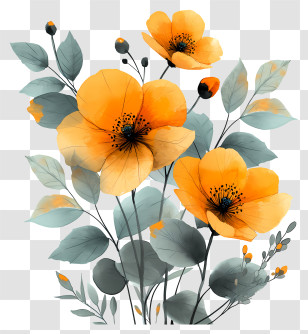Gold Flowers - Yellow Flower Botanical Artwork Transparent PNG