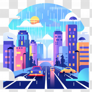 Rain - Vivid Cartoon Rainy City Scene Transparent PNG