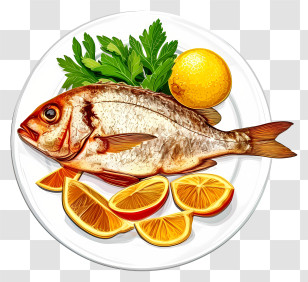 Vector Draw Design - Grilled Fish Garnished With Lemons Transparent PNG
