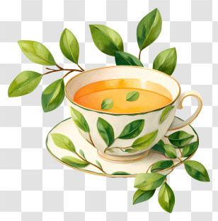 Cup Of Tea - Tea Cup With Green Leaves Transparent PNG