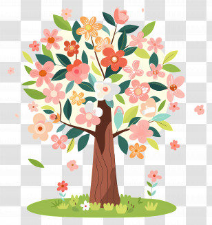 Flower Tree - Illustration Of A Colorful Flowering Tree In Spring Transparent PNG