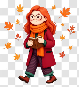 Cartoon Autumn Woman - Cozy Autumn Reader With Falling Leaves Transparent PNG