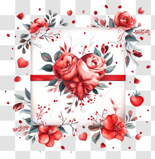 Valentine - Floral Heart Gift Box With Red Ribbon Transparent PNG